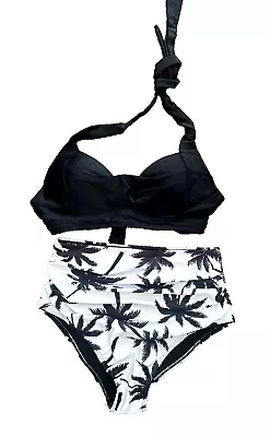 Stylish 50's Style High Waist Push Up Halter Bikini Black White 10 Size Small • £12.99