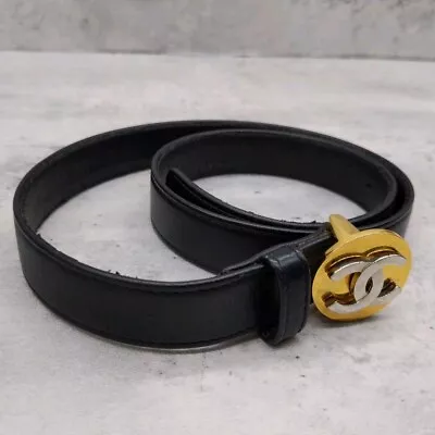 CHANEL Belt With Coco Mark And Gold Hardware Black Leather Logo Emblem With Box • £171.07