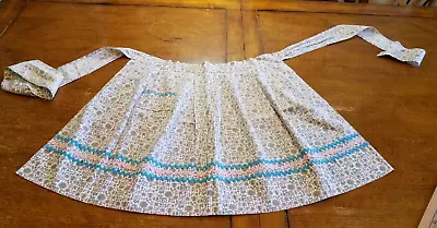 Vintage Apron Retro 50's Farmhouse Print Med Pink Blue Rick-Rack Pocket Handmade • $9.99