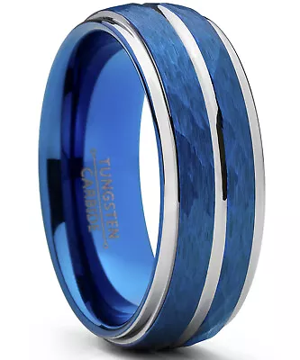 Men's Blue Hammered Brushed Tungsten Wedding Ring 8mm Comfort Fit • $29.99