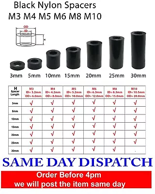 £1.50 • Buy Black Nylon SPACERS Plastic Standoff Washers (OD = 2 X ID) M3 M4 M5 M6 M8 M10