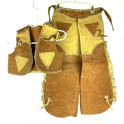 Childrens Western Costume Vest Chaps Suede Leather Studs Fringe Schoellkopf 50s • $139.99