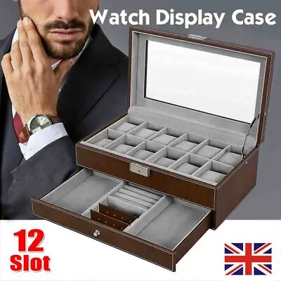 £22.97 • Buy Jewelry Watch Box 12 Grid Mens Jewelry Display Drawer Tray Glass PU Leather
