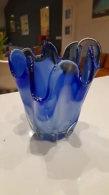  Art Glass Blue White Handkerchief Vase Mid Century Modern MCM  • £7.99