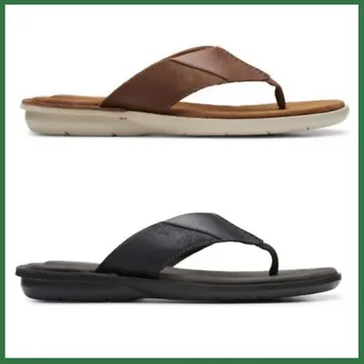 £27.89 • Buy Men's Clarks ELLISON EASY Black / Tan Leather Toe-Post Sandals Flip Flops Shoes