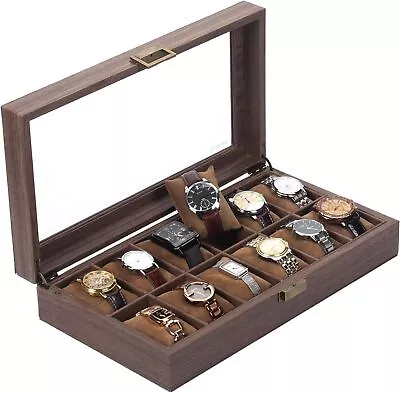 12 Grids Wood Watch Box PU Leather Jewelry Storage Watch Display Organizer • $37.99