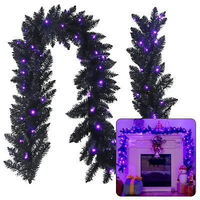 9' Pre-lit Christmas Halloween Garland Black W/ 50 Purple LED Lights • $29.98