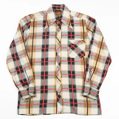 70s Vintage Big Dagger Collar Check Shirt | Men's S | Retro Plaid Seventies • £14