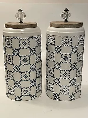 SET OF 2 Metal Blue & White Farmhouse Style Decor Canisters Wood Lids 12  • $18