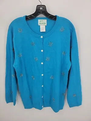 Quacker Factory Cardigan Sweater Womens Large Blue Beaded Snowflake Button Up • $22.98