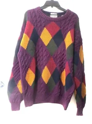 Hand Knit Purple Diamond Pattern Lord & Taylor Kensington Collection Sweater XL • $27