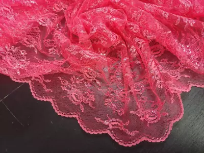 56  Wide Scalloped Hot Pink Floral Metallic Tulle Mesh Netting Lace Fabric ST • £38.07