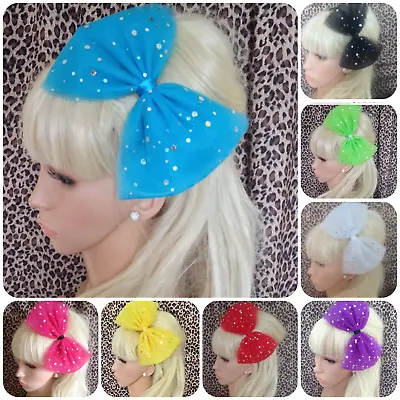 BIG NET SEQUIN SPARKLE TULLE BOW ALICE HAIR BAND HEADBAND 80s PARTY FANCY DRESS • £5.49