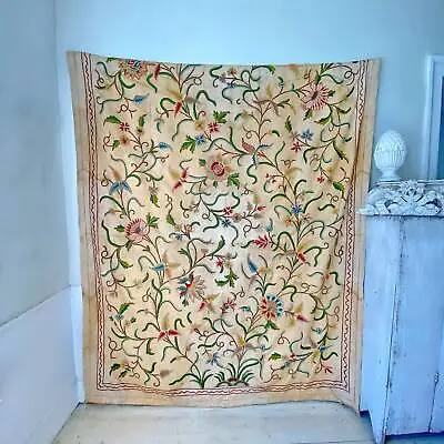 Distressed Crewel Work Curtain Vintage French Textile Handmade Embroidery Hand  • $255