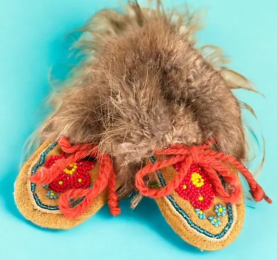Vintage Ojibway Handmade Beaded Red Flower Fur Lined Moccasin 6m-18m • $55