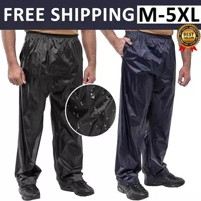 Mens Waterproof Windproof Elastic Waist Trousers Fishing Hiking Rain Proof Pants • £11.89