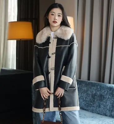 Leather Coat Womens Lamb Fur Lining Winter Fashion Mid Length Jackets Warm Parka • $340.21