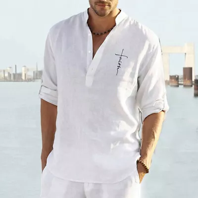 Men Solid Linen Beach Shirts Cotton Loose Casual Summer T Shirt Blouse Tops Size • $18.02