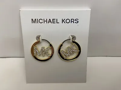 MICHAEL KORS Gold Brass Hoop Earrings Crystals Pave MK Logo MKJ7635710 NEW $139 • $50