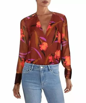 $138 MARCIANO Guess Floral Innuendo Long-Sleeve Surplice Bodysuit Brown XS NWOT • $63.89