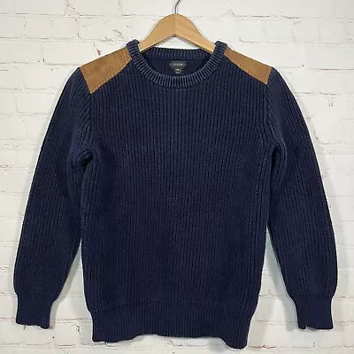 J Crew Woodsman Sweater Mens XS Blue Ribbed Suede Leather Shoulder Crew Neck • $30.98