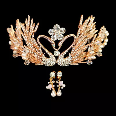 £25.65 • Buy Princess Swan White Pearl & Crystal Rhinestones Crown & Earrings Clip On Set