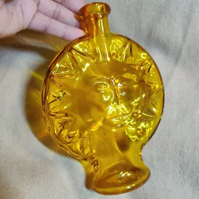 Vintage Yellow Sun Face Glass Bottle Bud Vase Celestial Mod Dep Bottle  • $38