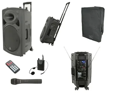 QTX QR12PA Portable PA Speaker USB SD MP3 2 X Wireless Mics + Cover Rechargeable • £279