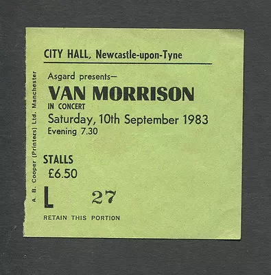 Original 1983 Van Morrison Concert Ticket Stub Newcastle UK Tupelo Honey • $39.95