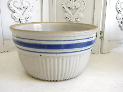 Old Vintage Stoneware Blue Banded Ribbed Farmhouse  Mixing Bowl • $20