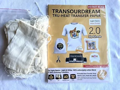 50 Cotton Muslin Drawstring Bags 4x6 & Heat Transfer Paper 20/pk. For Iron Ons • $9.99