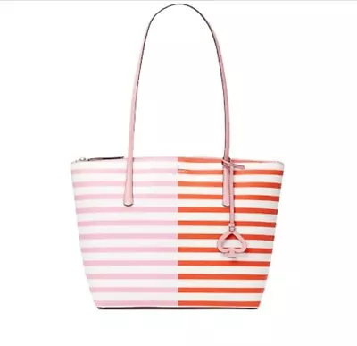 Kate Spade New York Zina Coated Canvas Large Tote Pink Red Stripe Shoulder Bag • £125.34