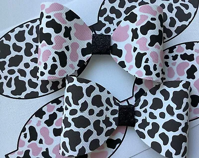  Cow Print  Pink & Black 4 Inch Printed Canvas Fabric Bow Loops Hair Bows • £1.65