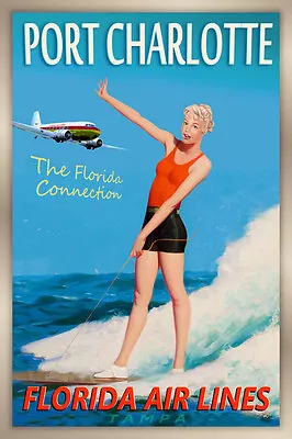PORT CHARLOTTE Florida Airlines Travel Poster Surfing Beach Pin Up Art Print 249 • $31.50