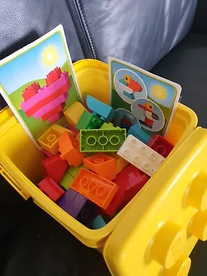 Duplo Yellow Storage Tub Bucket W Lid & 70 Assorted Duplo Blocks Bulk Lego  • $45