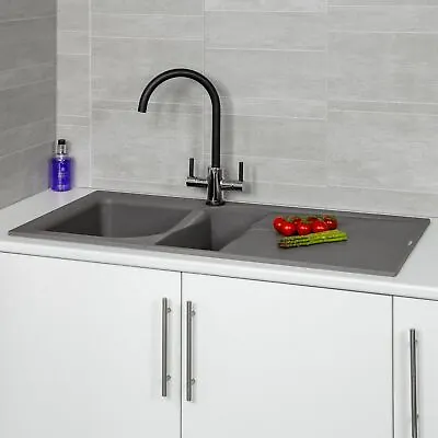 £214.98 • Buy Reginox Elleci EGO475 Kitchen Sink 1.5 Bowl Grey Granite Inset Reversible Waste
