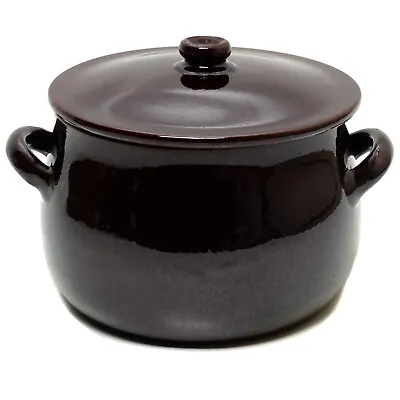 Bean Pot W Lid Brown 2 Quart Glazed Stoneware W Handles Vintage Baking Crock • $28.88