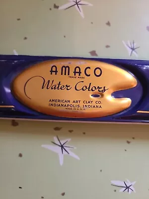 Vintage American Art Clay Co AMACO Water Color Paint Blue & Gold Graphic TIN • $20