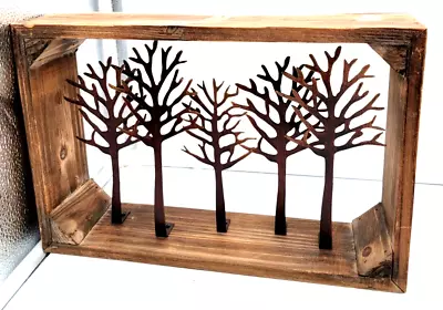 Rustic Cut Out Metal Trees In Wood Frame Wall Art Shelf Decor Hobby Lobby • $24