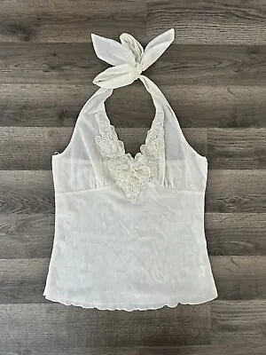 Vintage Y2K 90s - Forever 21 - Embellished Halter Top - White Mesh Sheer Size L • $34.99