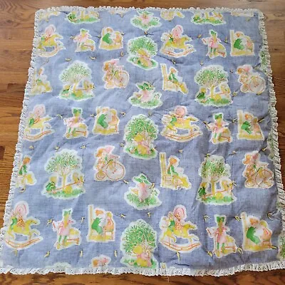 Vintage Holly Hobbie Crib Nursery Comforter Blanket Handmade Blue W/Ruffle 42x39 • $24.99