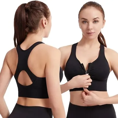 Women's Plus Size Sports Bra Zipper Front Wirefree High Impact Full Support Bra • £13.99