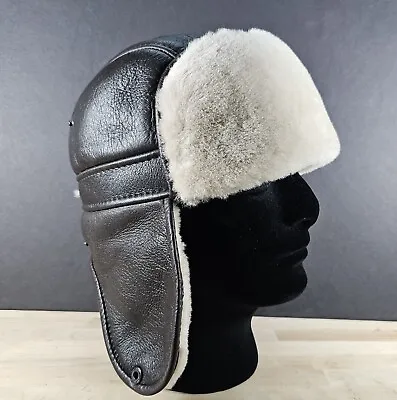 Zavelio Shearling Sheepskin Biker Trapper Fur Hat Brown  Leather Size L • $54.95