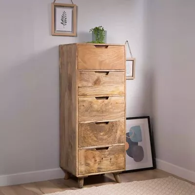 Retro Light Mango Wood Chest Of 5 Drawers Storage 90cm - Contemporary Furniture • £313.49