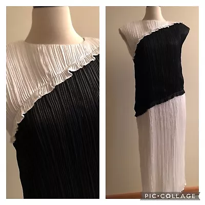 Vintage MORTON MYLES Warrens Black White Pleated Color-block Shift Midi Dress 6 • $75