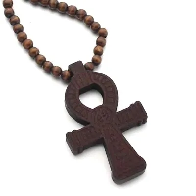 Men's Brown Egyptian Ankh Cross Pedant Wooden Necklace Jewelry Ball Chain 35  • $13.96