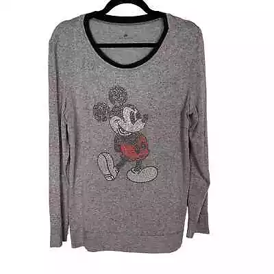 Disney Parks Womens Medium M Gray Heather Mickey Mouse Rhinestone Pullover Top • $25