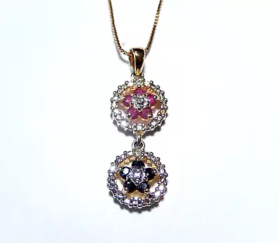 VINTAGE- Gold Vermeil Ruby & Sapphire & Diamond Halo Pendant W/18  Chain • $69.99