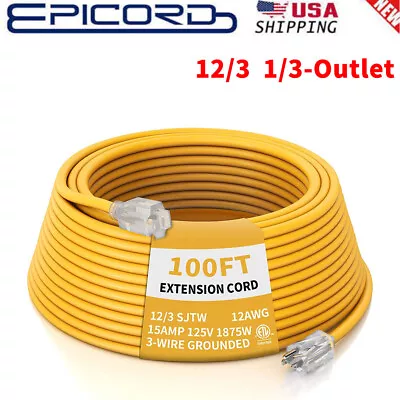 12/3 SJTW Yellow Extension Cord With 3 Electrical Power Outlet 10 15 25 50 100FT • $14.99