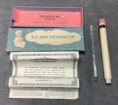 Vintage 1954 B-D Glass Baby Thermometer With Box Holder & Certificate • $20